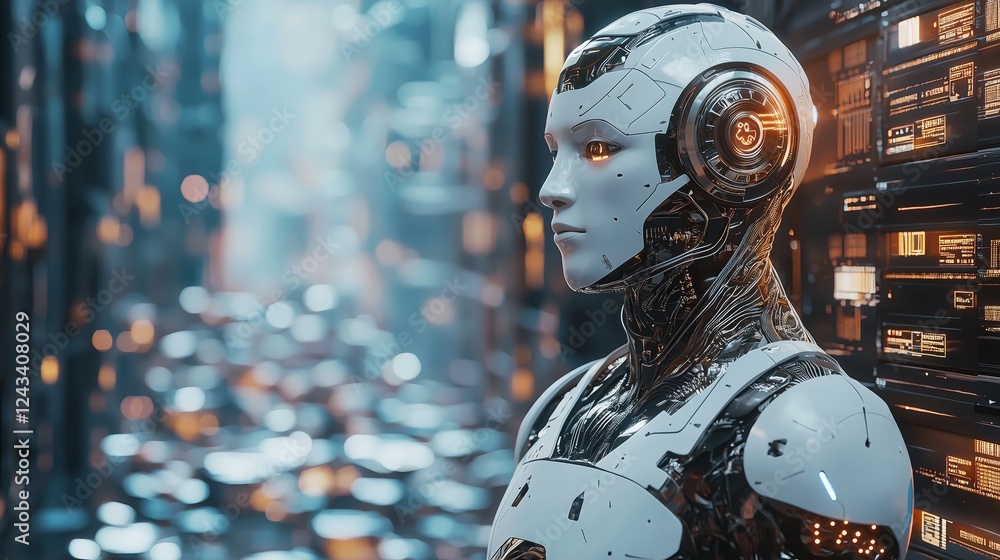 Poster futuristic robot in a cybernetic environment with glowing details