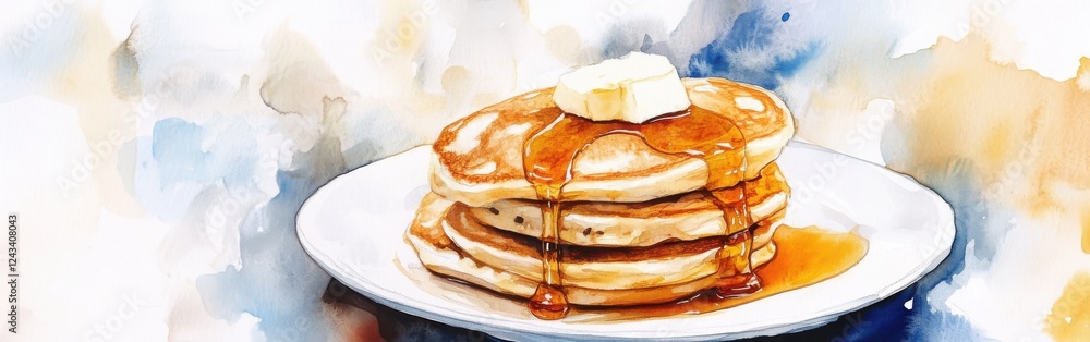 Poster close-up view of delicious pancakes topped with maple syrup and butter on a watercolor background fo