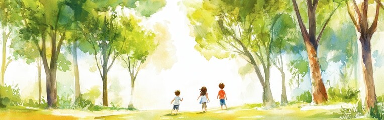 Obraz premium Children joyfully playing hide-and-seek under tall trees in a vibrant park