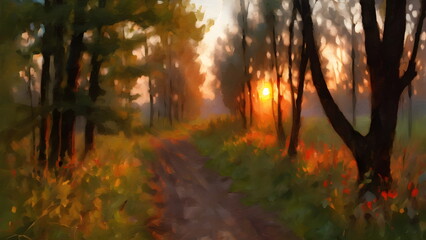 The setting sun in a clearing painting
