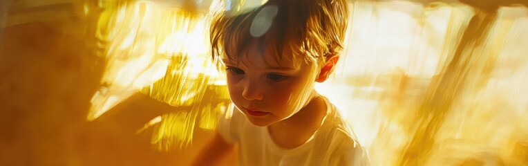 Warm golden hues illuminate a child's curious expression in a radiant indoor setting during daylight hours