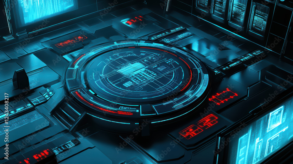 Poster futuristic digital interface with glowing elements and data displays, showcasing cybersecurity risk 