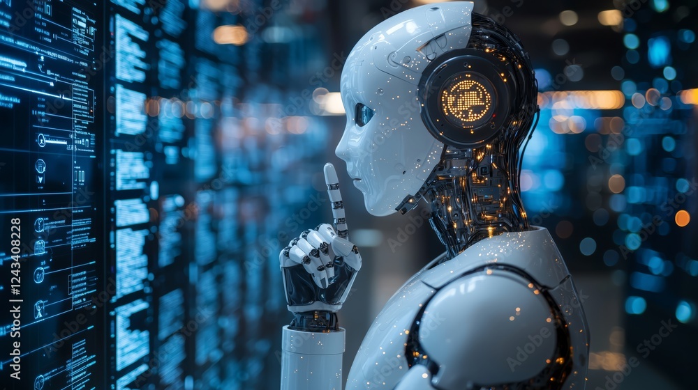 Poster futuristic robot with digital background and gesture for silence