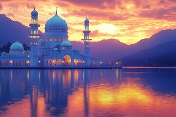 Majestic Mosque at Sunset with Water Reflection