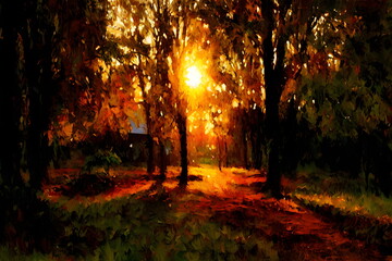 The setting sun in a clearing painting