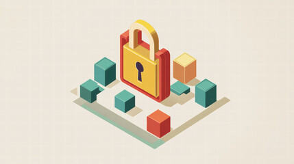 Isometric design of data encryption process featuring large padlock surrounded by colorful geometric shapes. This illustration symbolizes security and data protection