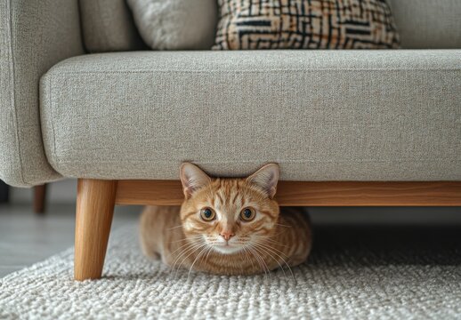 Adorable ginger cat peeking from under a stylish sofa in a cozy living room setting showcasing modern decor and soft textures for a warm ambiance