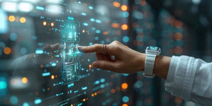 Hand interacting with a futuristic digital interface, displaying holographic data and advanced technology