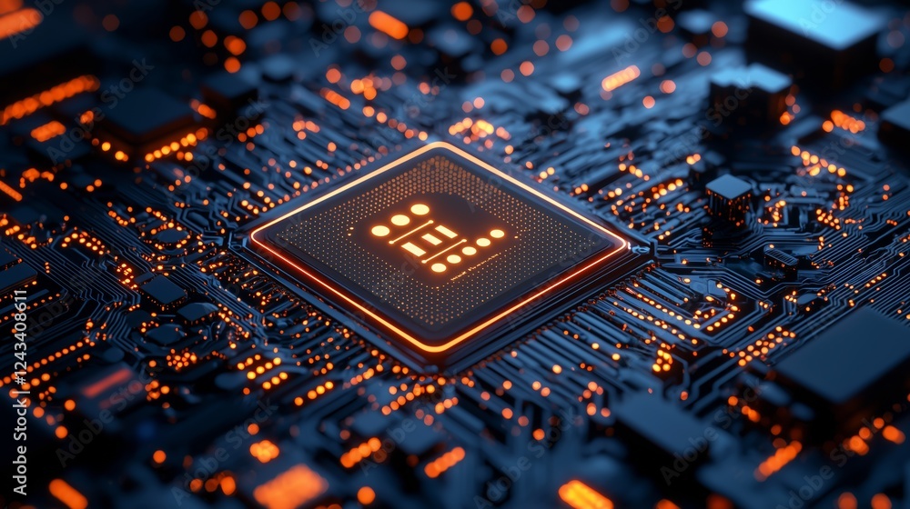 Poster close-up of a glowing microchip on a dark circuit board surface
