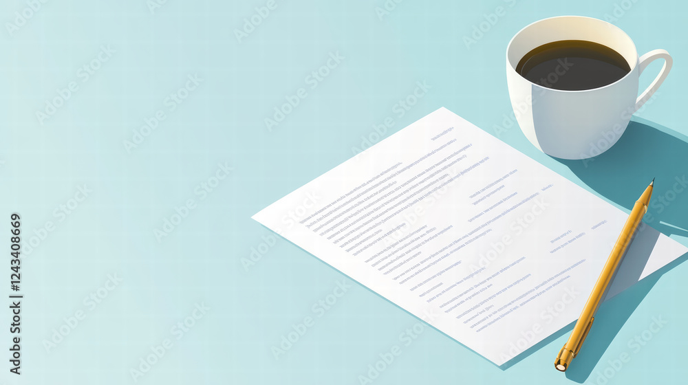 Poster document with data protection policy sits on light blue background next to cup of coffee and pencil,