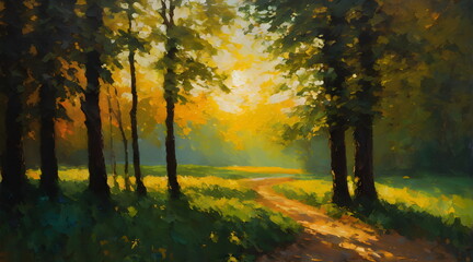 The setting sun in a clearing painting