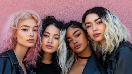 Obraz premium Four women of diverse backgrounds stand close together, each flaunting unique hairstyles and vibrant makeup. Their confident expressions are beautifully contrasted by a soft pink wall behind them