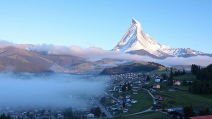 Early morning mist hovers over Zermatt city village nestled in the valley, with the iconic Matterhorn peak towering majestically in the background, Zermatt, majestic, city