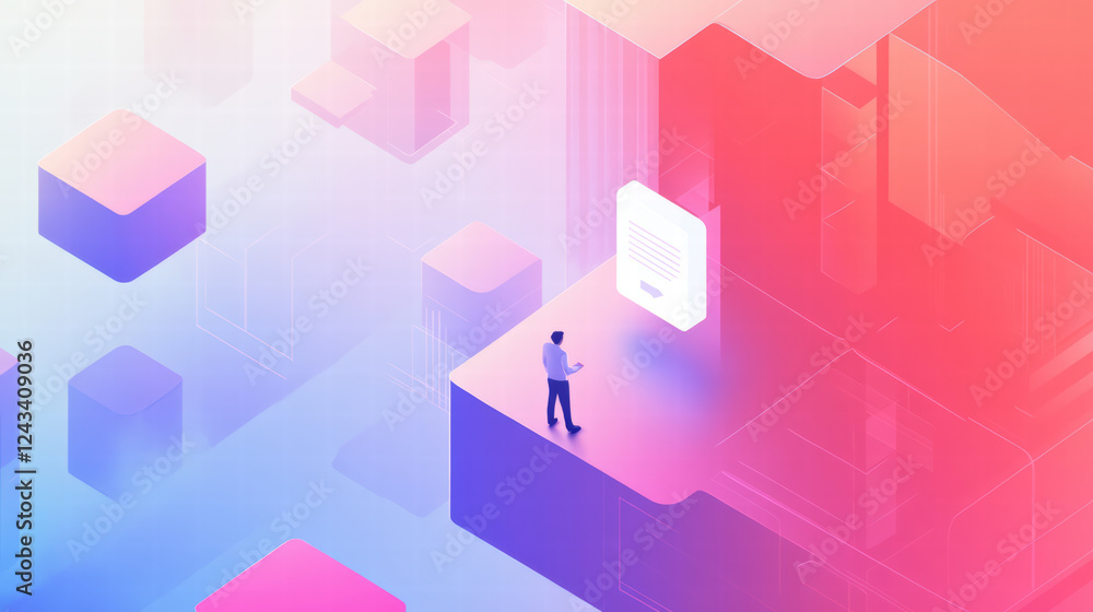 Poster user accessing secure cloud services in vibrant, isometric design. scene features abstract geometric