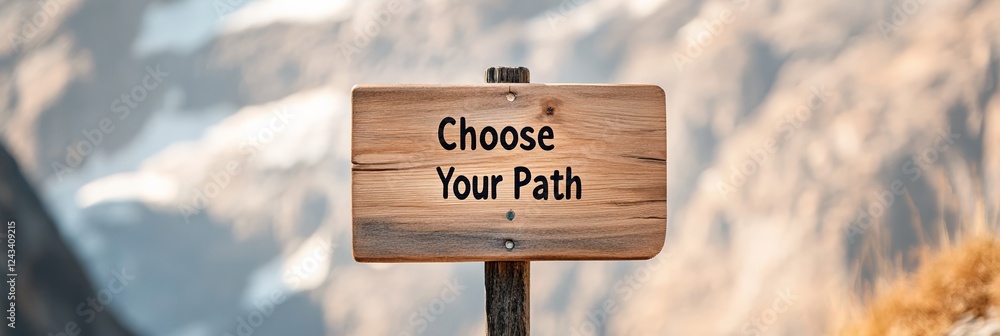 Poster wooden sign reading choose your path set in a mountain landscape, encouraging hikers to embrace impo
