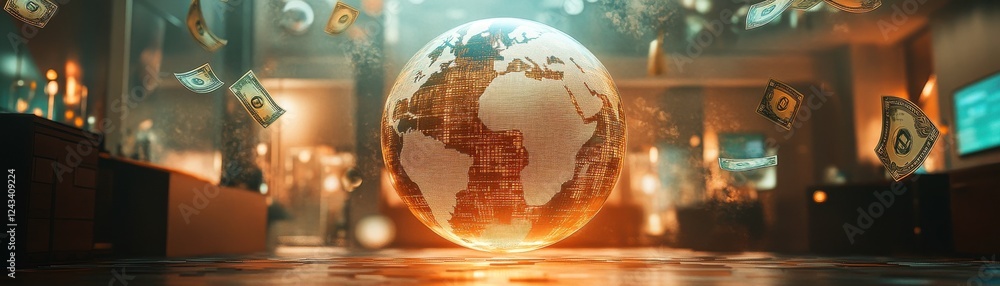 Poster a glowing globe is displayed in a futuristic setting, surrounded by glowing symbols and screens, cre