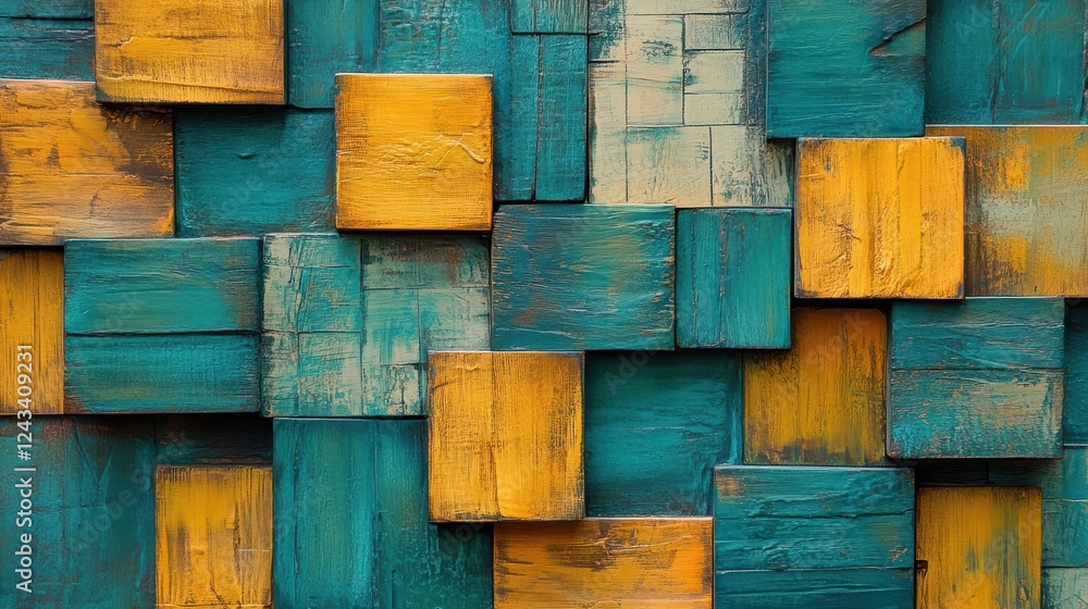 Poster Soft pencil strokes create a harmonious arrangement of teal and amber blocks adding depth and balance to a space