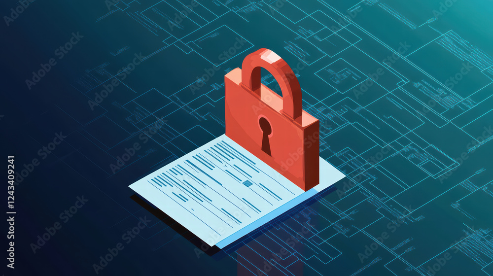 Poster isometric graphic of data protection checklist with padlock, symbolizing security and privacy in dig