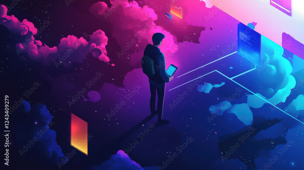 Poster user stands in vibrant digital landscape, accessing secure cloud data amidst colorful clouds and flo