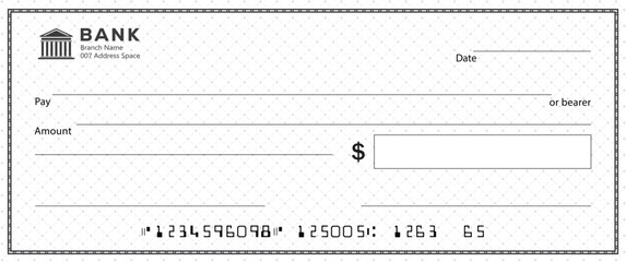 Empty money cheque. Bank check. check book template with pattern and blank fields. Currency payment coupon, US dollar check background.
