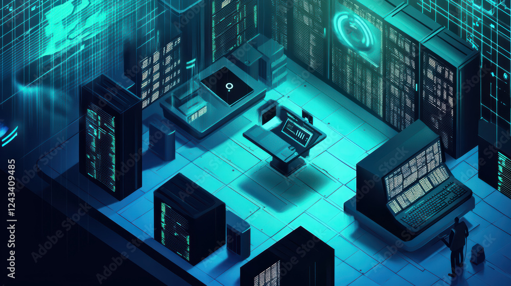 Aufkleber isometric graphic of data protection software interface in modern server room, showcasing advanced t