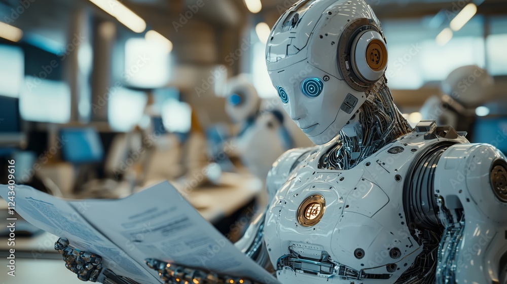 Poster realistic robot reading document in modern office environment