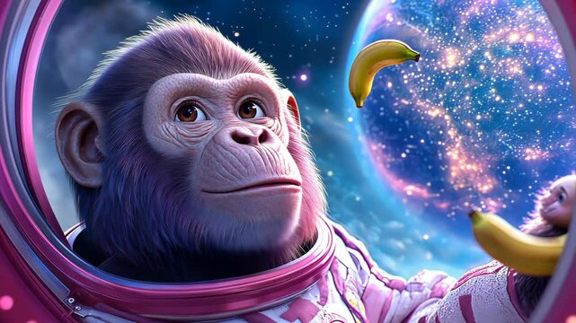 Space Monkey Admiring Bananas in Futuristic Spaceship with Earth View Under Soft Blue and Purple Lighting