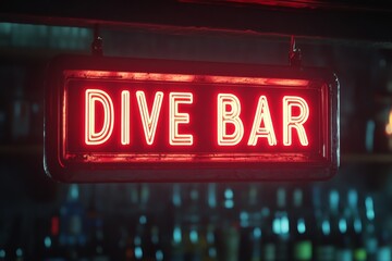 Bright neon dive bar sign illuminates a lively nightlife atmosphere in a bustling urban setting