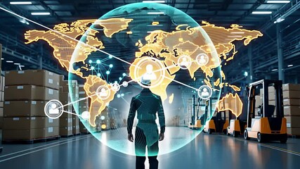 Global supply chain management with digital network overlay in a smart warehouse featuring forklifts and stacked boxes
- Powered by Adobe