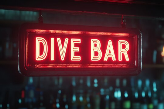 Bright neon dive bar sign illuminates a lively nightlife atmosphere in a bustling urban setting