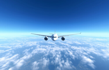 Obraz premium A white airplane flying in the sky, with clear blue skies and clouds below.
