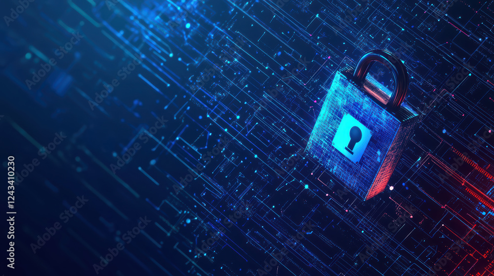 Poster secure data sharing process with digital padlock symbolizing cybersecurity. vibrant blue and red bac