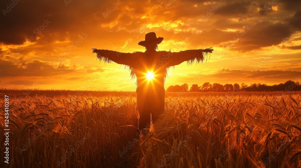 Poster golden wheat field at sunset with scarecrow symbolizing rural nostalgia and tranquility