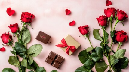 A Luxurious Dark Chocolate Bar, Adorned with an Array of Heart-Shaped Chocolates, Elegantly Placed Amidst a Romantic Setting of Crimson Roses and Delicate Greenery, Evoking a Sense of Affection and In