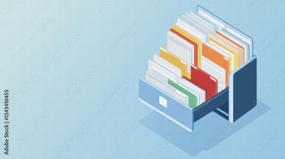 Poster isometric graphic of secure file storage system with colorful folders and documents. this illustrati