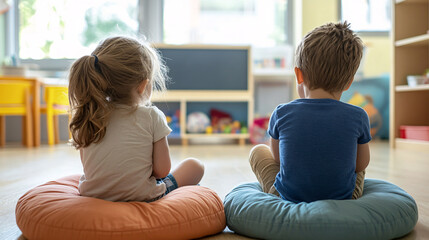 Two younger children are seated on floor cushions in a classroom, engaged in a captivating story while secretly chatting with each other.