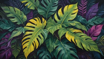 Hojas tropicales vibrantes en tonos de verde, amarillo y morado sobre un fondo oscuro, creando un patrón exuberante, exótico y visualmente llamativo