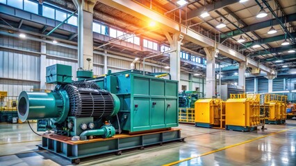 Fototapeta premium Large generator unit in the middle of an industrial area with various machines and equipment around it, energy, machinery parts