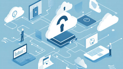 Isometric graphic of secure data sharing process with cloud computing, data protection, and user interaction. image conveys sense of security and connectivity in digital environments