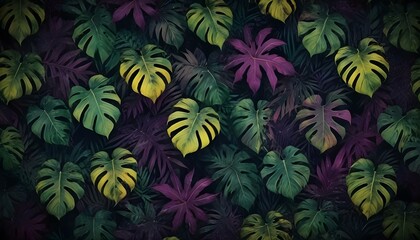 Fototapeta premium Hojas tropicales vibrantes en tonos de verde, amarillo y morado sobre un fondo oscuro, creando un patrón exuberante, exótico y visualmente llamativo
