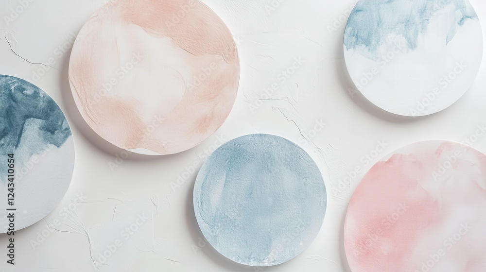 Poster soft pastel circles with subtle textures blend in a minimalist white setting