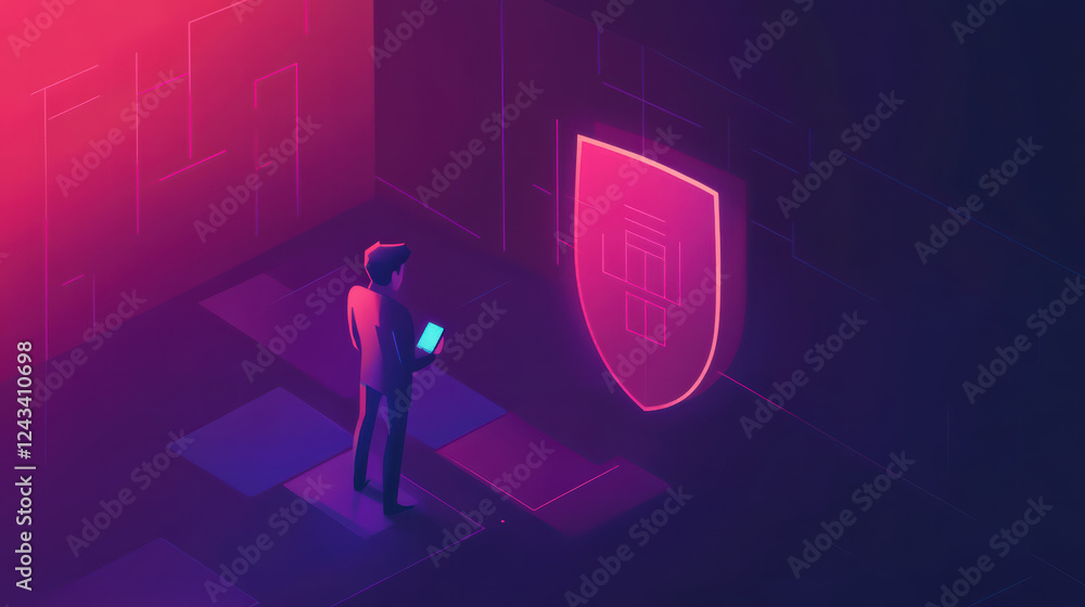 Poster user standing in digital space, interacting with glowing shield symbolizing cybersecurity protection