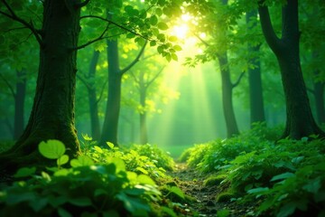 Obraz premium Dense foliage with radiant light filtering through leaves, illuminated forest, greenery