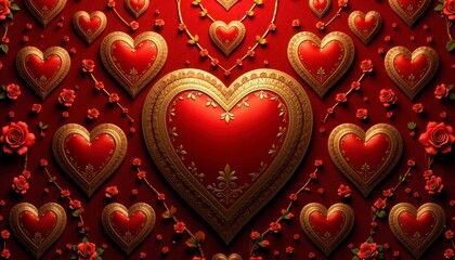 A red background with many hearts and roses