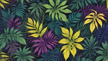 Hojas tropicales vibrantes en tonos de verde, amarillo y morado sobre un fondo oscuro, creando un patrón exuberante, exótico y visualmente llamativo
