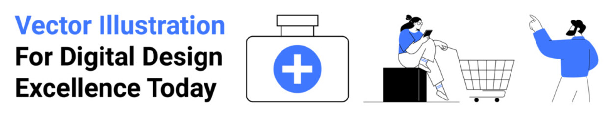 Fototapeta premium Healthcare kit, woman shopping on smartphone, cart, and professional guidance. Ideal for e-commerce, medical services, consulting, digital solutions, online shopping modern minimalism flat landing