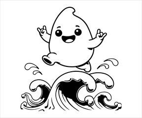 Black and white illustration of a cute octopus jumping over a wave.