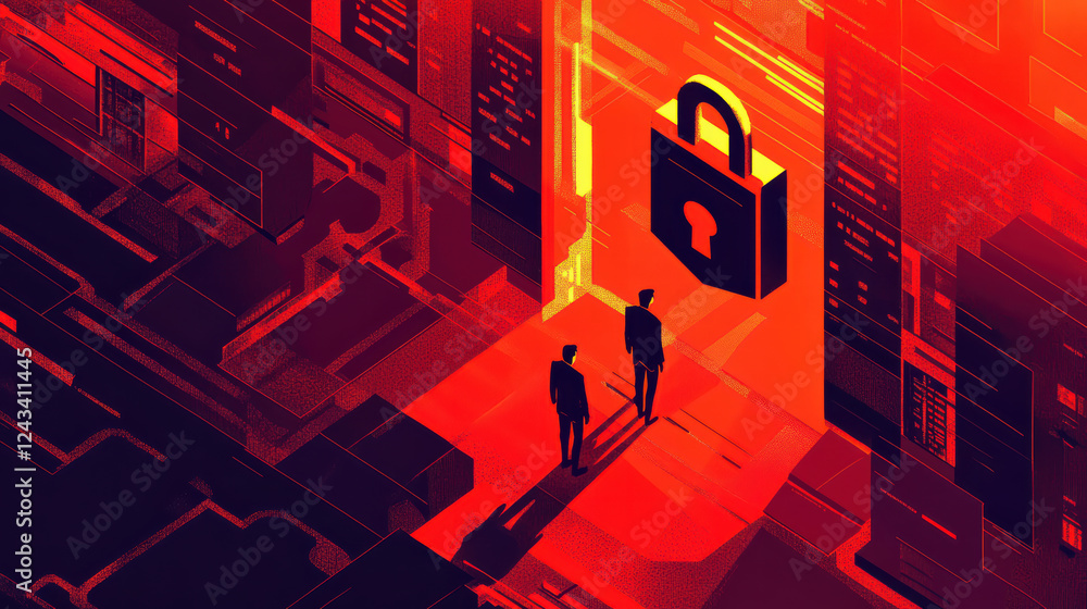 Poster isometric illustration of data breach being thwarted, featuring two figures in suits standing before