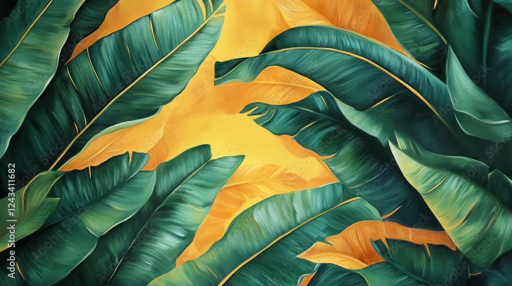 Poster vibrant emerald green leaves with yellow edges enhancing a dynamic background of forest green and br