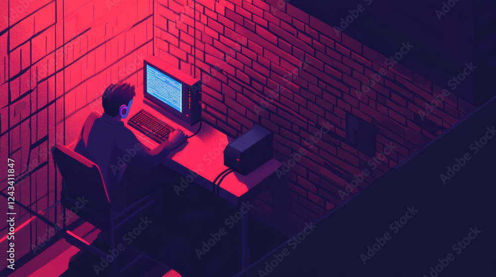 Poster isometric illustration of hacker working on computer in dimly lit room, surrounded by brick walls, c